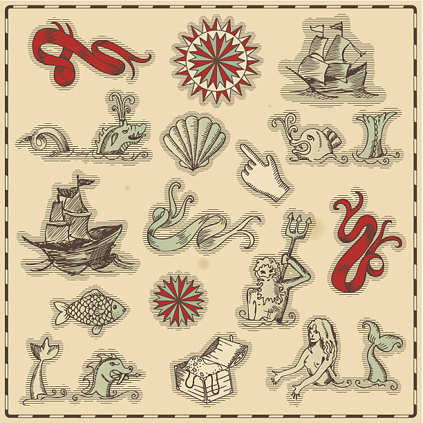 Hand-drawn antique ocean navigation icons Antique nautical illustration pirate map stock illustrations