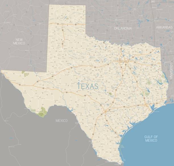 Texas State Map A very detailed map of Texas state with cities, roads, major rivers, lakes and National Parks and National Forests. Includes neighboring states and surrounding water.  texas road stock illustrations