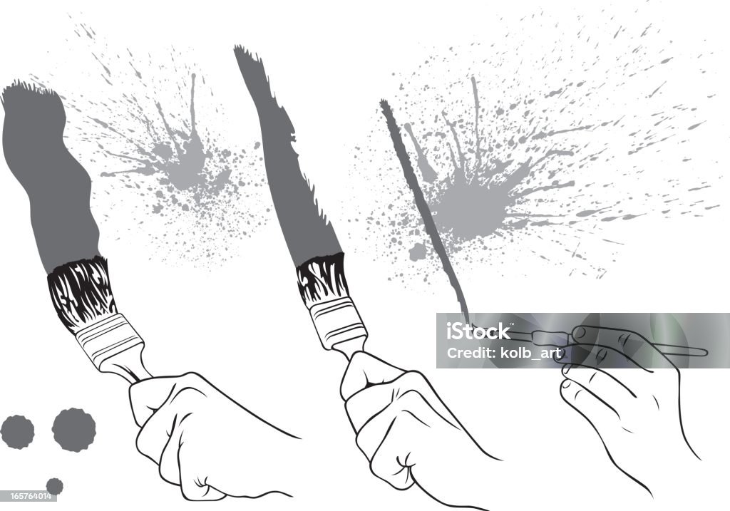 Hands painting streaks Vector illustration of hands holding various paintbrushes and painting lines. Paint splashes included. House Painter stock vector