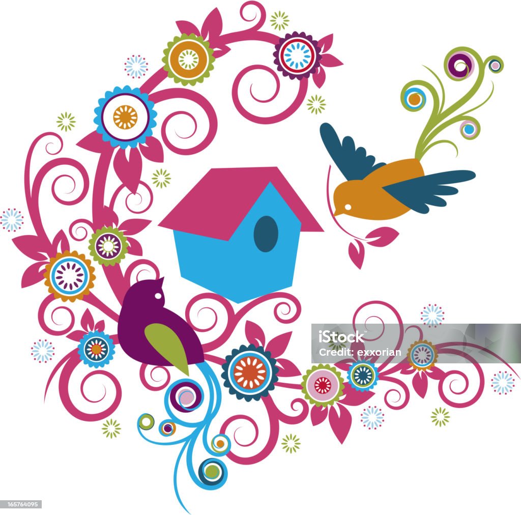 Birdhouse and Couple Bird in Whimsical Floral Whimsical birdhouse Abstract stock vector