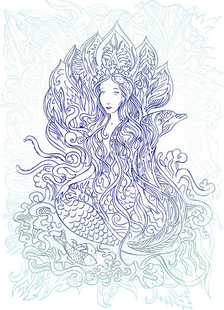 ocean deity pen and ink drawing of the female embodiment of our sacred oceans goddess of ocean stock illustrations