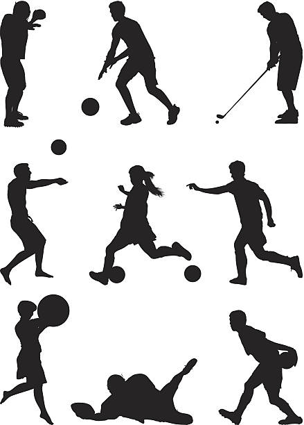 ilustraciones, imágenes clip art, dibujos animados e iconos de stock de varias actividades deportivas con pelotas - golf action silhouette balance