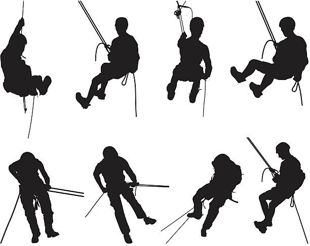 ilustrações de stock, clip art, desenhos animados e ícones de canyoning montanhismo silhuetas - climbing clambering silhouette men