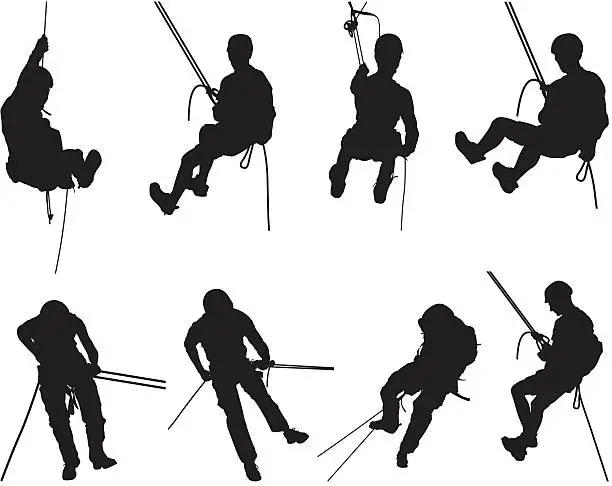 Vector illustration of Canyoning mountain climbing silhouettes