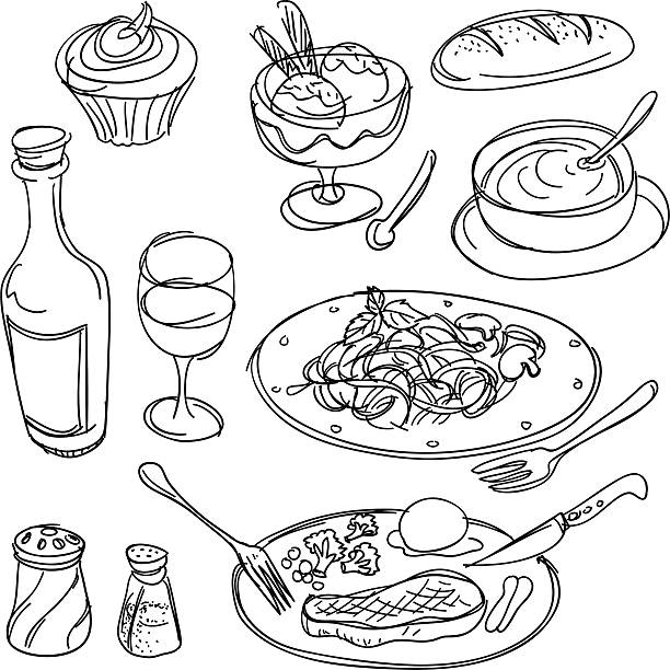 ilustrações de stock, clip art, desenhos animados e ícones de coleção de jantar em preto e branco - white background container silverware dishware