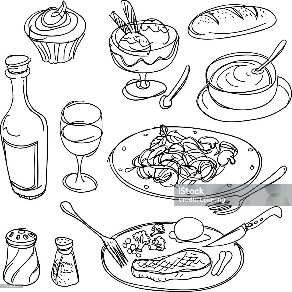 Dinner collection in Black and White Dinner collection in sketch style, Black and White Food stock vector