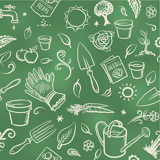 Gardening wallpaper background Seamless gardening themed icons and symbols sketched on a blackboard. Will tile endlessly. garden stock illustrations