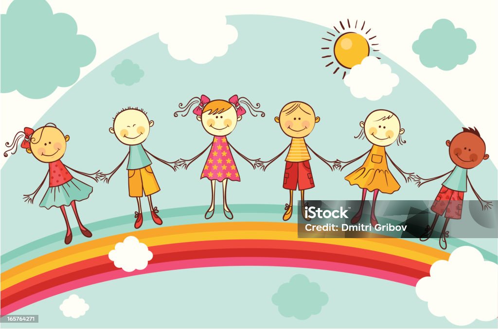 Happy children holding hands on rainbow Kids illustration Child stock vector
