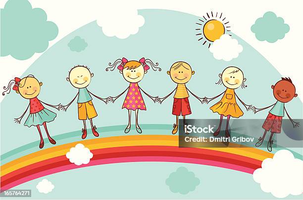 Happy Children Holding Hands On Rainbow Stock Illustration - Download Image Now - Child, Day, Happiness