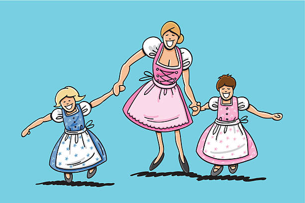 Mom With Daughters Wearing Dirndl "Vector illustration of a happy bavarian mom with her daughters. Everyone's wearing a traditional Dirndl skirt. The line art, color and background are on separate layers, so you also can use the illustration on your own background. The colors in the .eps-file are ready for print (CMYK). Included files: EPS (v8) and Hi-Res JPG." pics of dirndl skirt stock illustrations