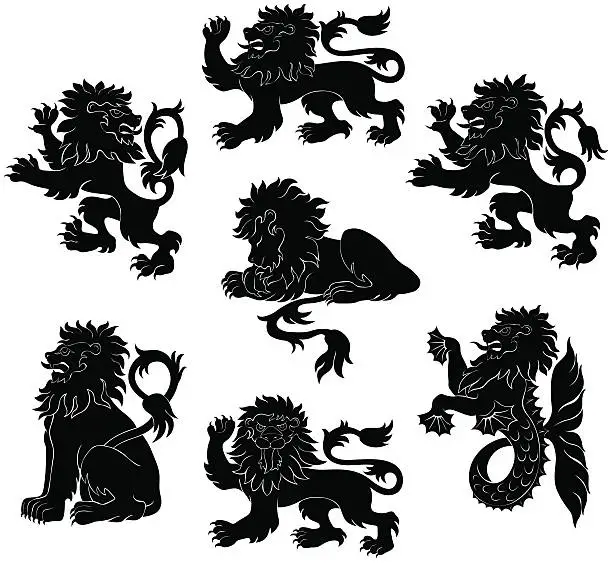 Vector illustration of Lion Heraldry Silhouettes