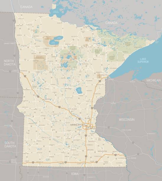 Map of main highways in Minnesota A detailed map of Minnesota state with cities, roads, major rivers, and lakes. Includes neighboring states and surrounding water.  minnesota illustrations stock illustrations