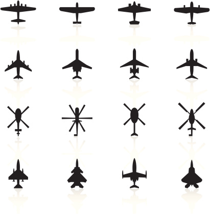 Simple black icons representing different models of airplanes & helicopters.