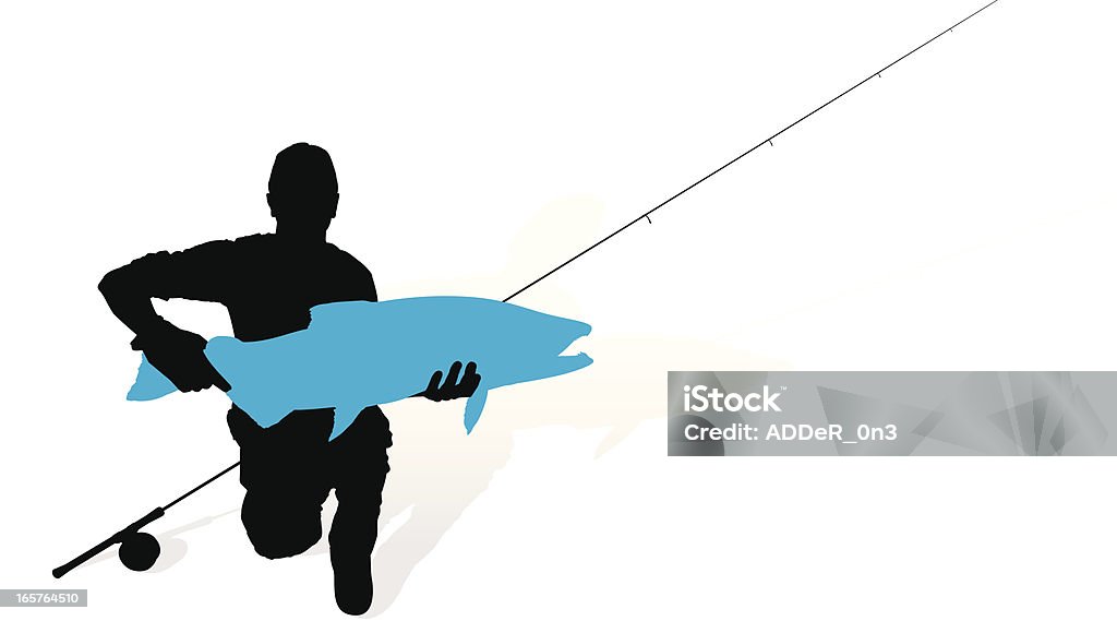 Pescatore con Silhouette leggere - arte vettoriale royalty-free di Arnese da pesca