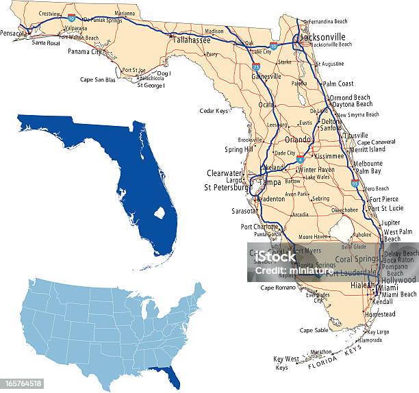 Florida Mappa Stradale - Immagini vettoriali stock e altre immagini di Florida - Stati Uniti - Florida - Stati Uniti, Carta geografica, Vettoriale