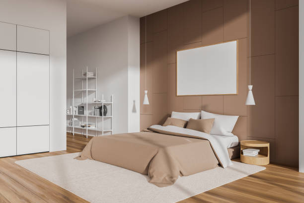 istock Beige bedroom interior with bed and minimalist decoration. Mockup frame 1657645456