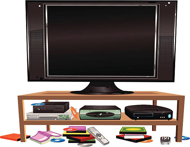 Flatscreen TV and entertainment cabinet Isolated illustration of a generic flat screen TV, DVD player, Video recorder, Games console and Digital receiver. Below the cabinet are various items; DVD cases, remote controls, CD's and a book. dvd player stock illustrations