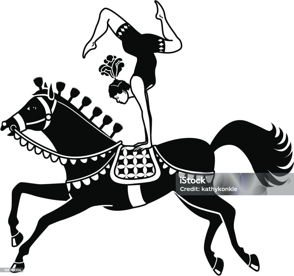 acrobat riding a circus horse A  black and white vector illustration of an acrobat riding a circus horse. Circus stock vector