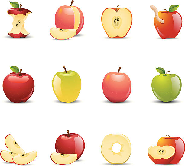 ilustraciones, imágenes clip art, dibujos animados e iconos de stock de iconos de apple - apple granny smith apple green leaf