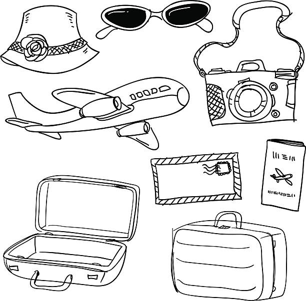 ilustrações de stock, clip art, desenhos animados e ícones de viagens itens em preto e branco - sunglasses luggage vector hat