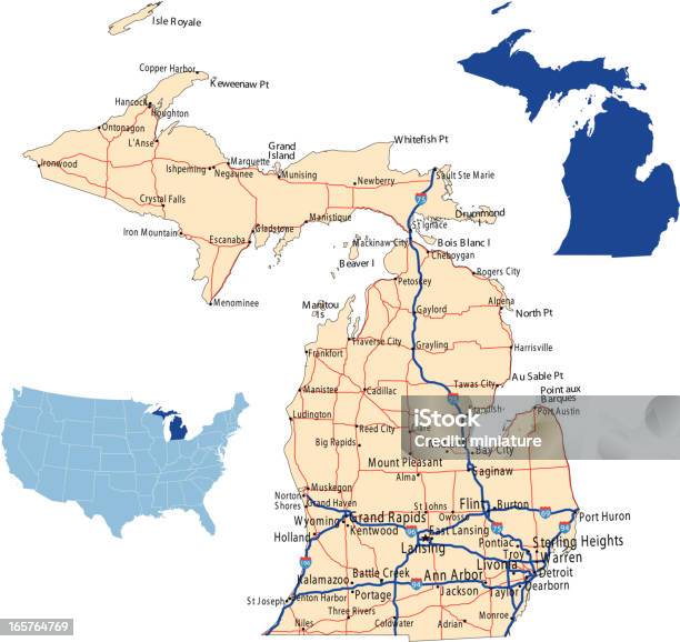 Michigan Road Map Stock Illustration - Download Image Now - Michigan