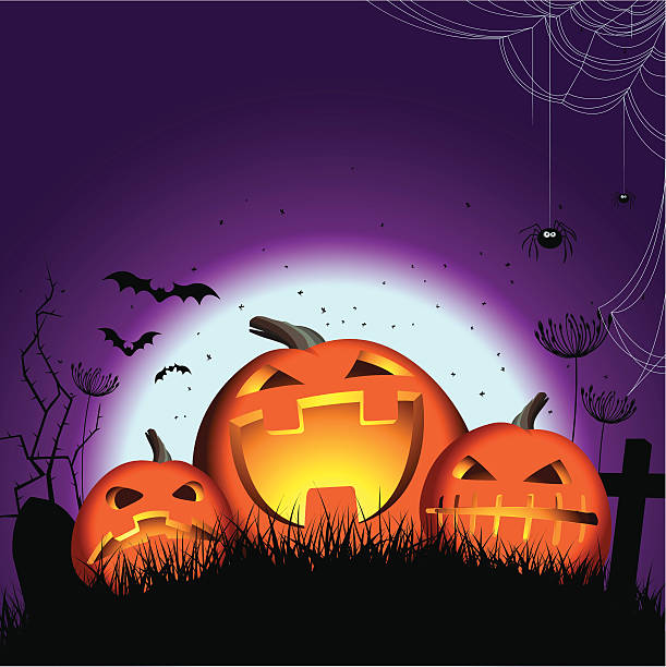 Halloween Pumkins, Bats & Spiders vector art illustration