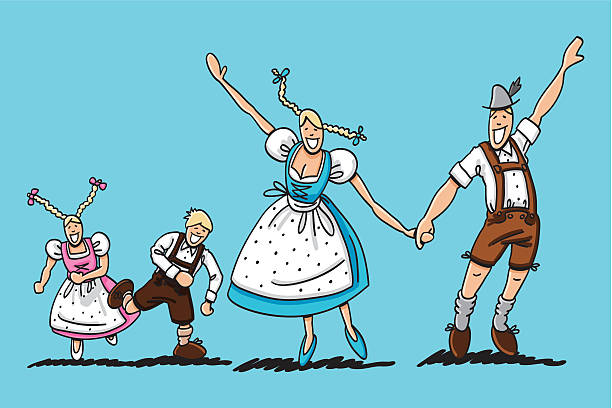 Happy Beer Fest Couple With Children "Vector illustration of a happy bavarian family in Dirndl and Lederhosen. The line art, color and background are on separate layers, so you also can use the illustration on your own background. The colors in the .eps-file are ready for print (CMYK). Included files: EPS (v8) and Hi-Res JPG." pics of dirndl skirt stock illustrations