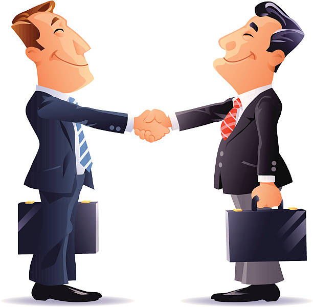 Businessmen Handshake Two smiling cartoon businessmen with briefcases shaking hands. funny contract stock illustrations