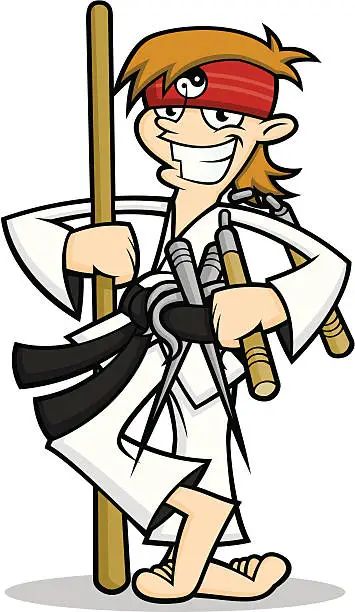 Vector illustration of Karate Kid Pose with Sai, Jo and Nunchuck Weapons