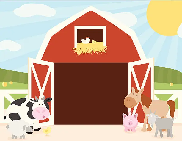 Vector illustration of Farm Animals Barn Scene