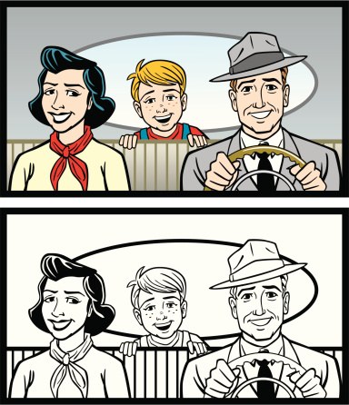 Great illustration of a 1950s family driving a car. Perfect for a retro or transportation illustration. EPS and JPEG files included. Be sure to view my other illustrations, thanks!