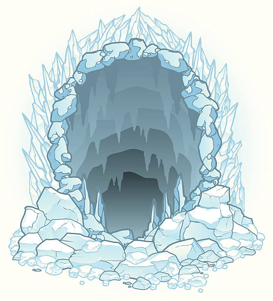 Hazardous Ice Cave "The entrance to an ominous looking ice cavern, with crumbled rock, ice, and snow at its base." stalagmite stock illustrations