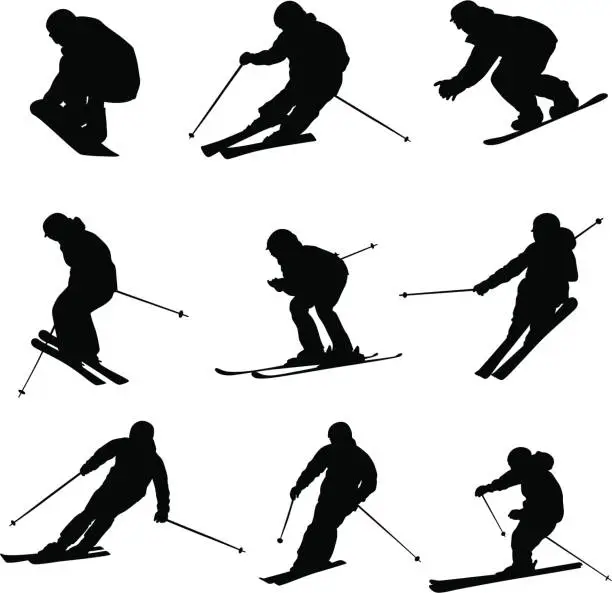 Vector illustration of Downhill Skiers Vector Silhouette