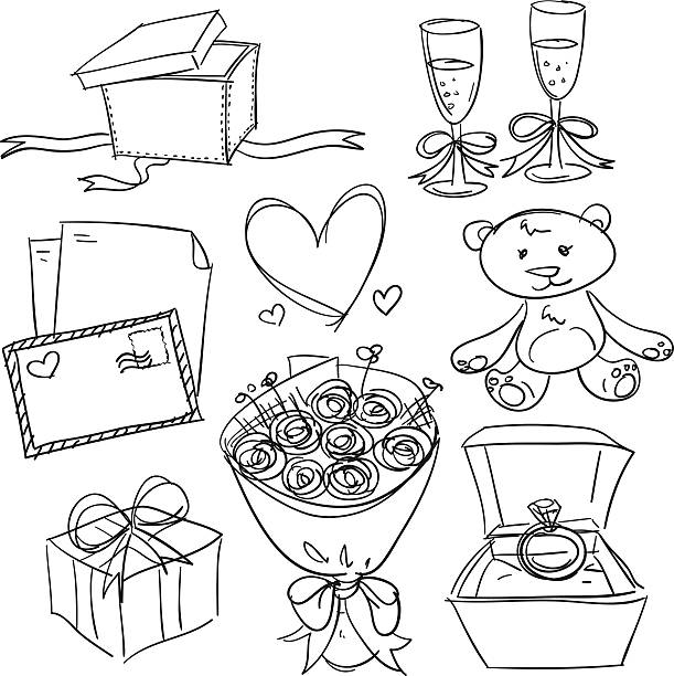 ilustrações de stock, clip art, desenhos animados e ícones de dia dos namorados presente em preto e branco - valentines day gift white background gift box