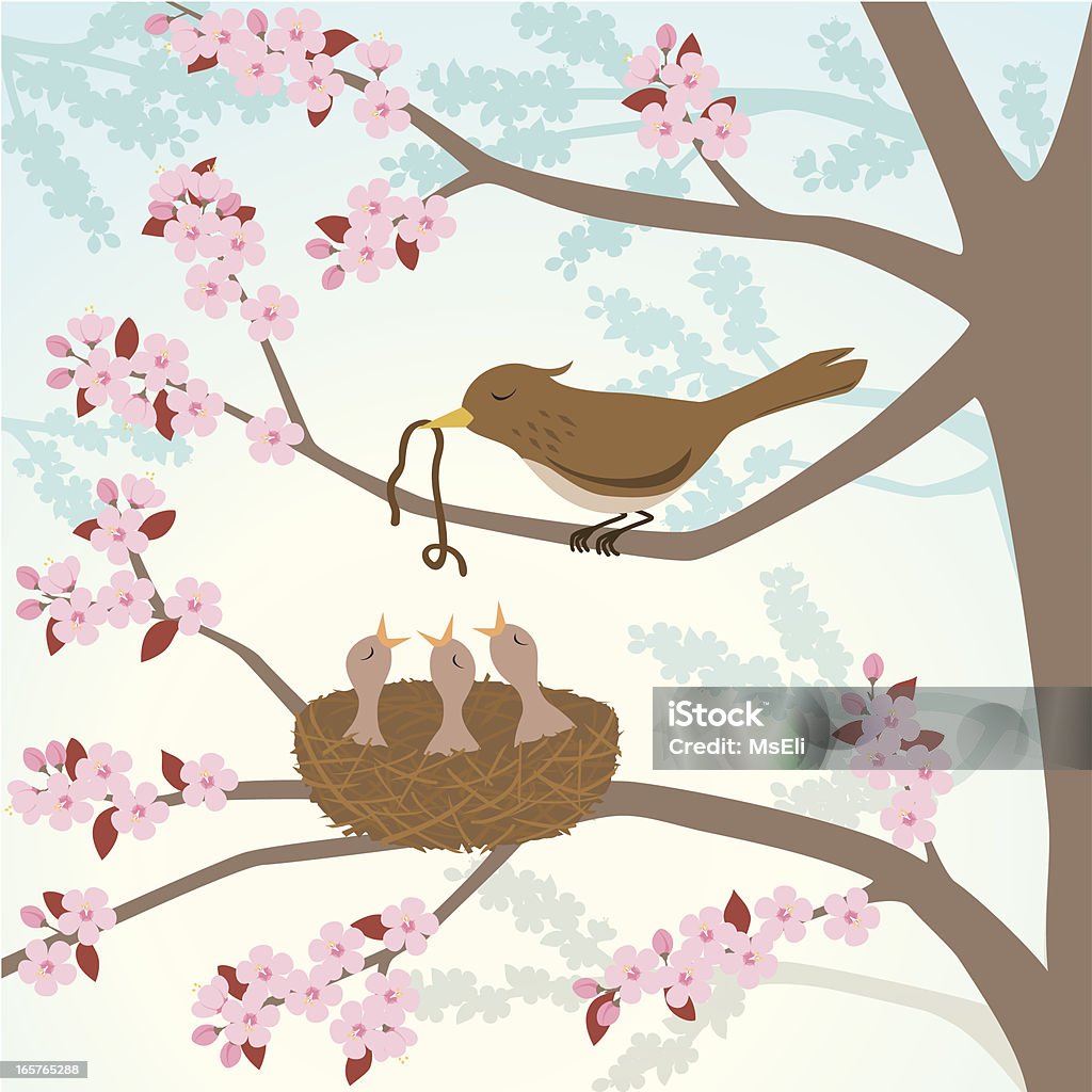 야생조류 먹이기 chicks 만들진 벚나무 - 로열티 프리 동물 둥지 벡터 아트