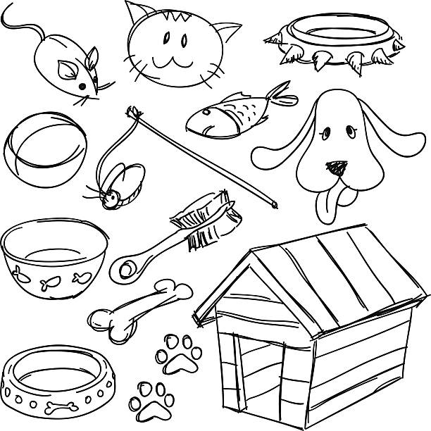 Pets' equipment set in black and white Sketch Drawing of Pets' care equipment in sketch style, black an white pet toy stock illustrations