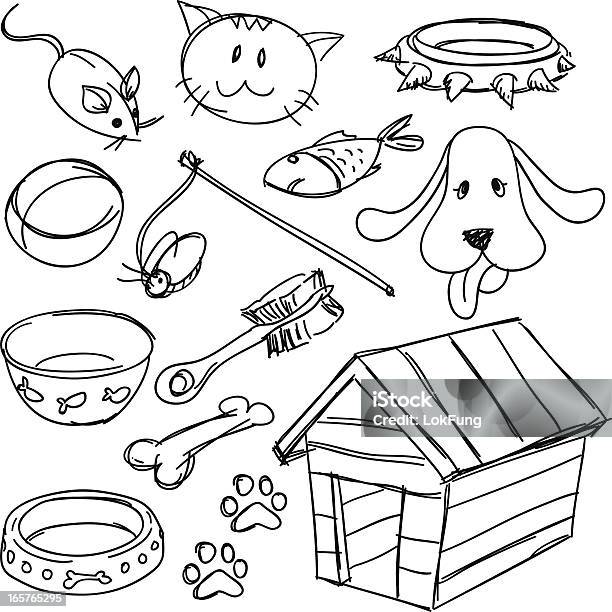 Pets Equipment Set In Black And White Stock Illustration - Download Image Now - Doodle, Dog, Domestic Cat