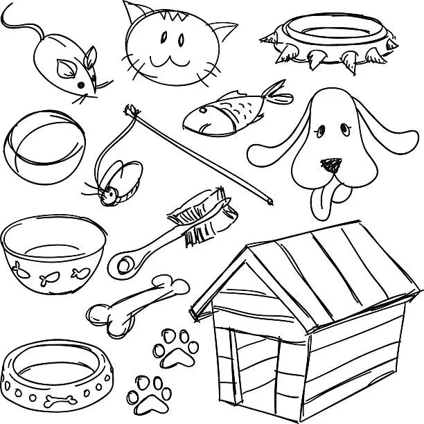 Vector illustration of Pets' equipment set in black and white