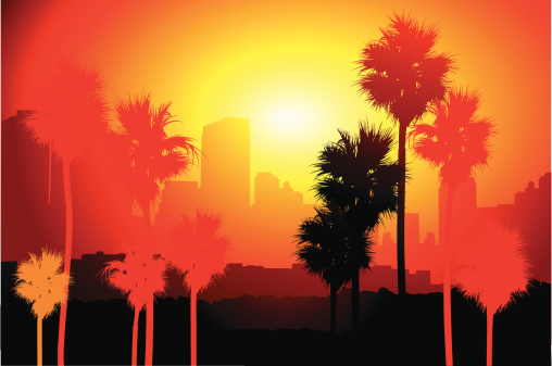 Silhouetted palm trees in sunset overlooking a city skyline of downtown LA.