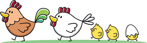 Familia con niños pequeños/Gallo, pollo y chick historieta - ilustración de arte vectorial