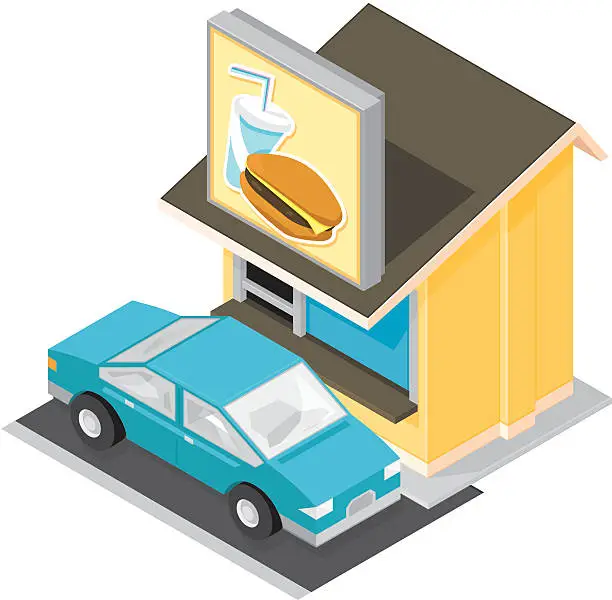 Vector illustration of Isometric Drive Through Restaurant.