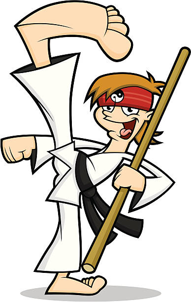 ilustrações de stock, clip art, desenhos animados e ícones de karate kid pontapé no ar com jo - high kick illustrations