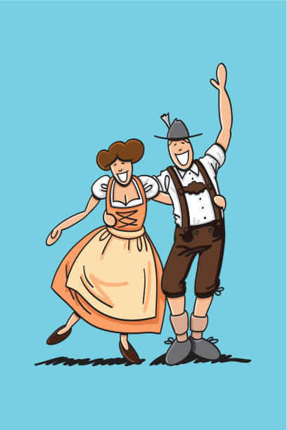 Dirndl And Lederhosen Couple Hugging "Vector illustration of a bavarian couple in Dirndl and Lederhosen hugging each other. The line art, color and background are on separate layers, so you also can use the illustration on your own background. The colors in the .eps-file are ready for print (CMYK). Included files: EPS (v8) and Hi-Res JPG." pics of dirndl skirt stock illustrations