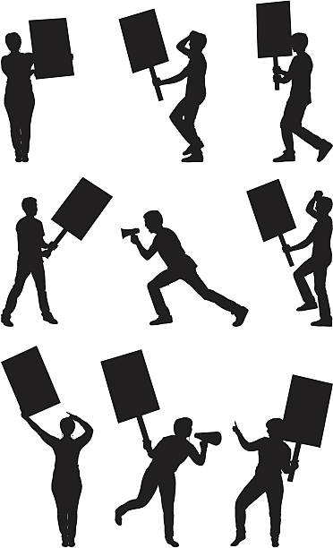 männer und frauen protesters mit sie den schildern - bullhorn protest shaking fist men stock-grafiken, -clipart, -cartoons und -symbole