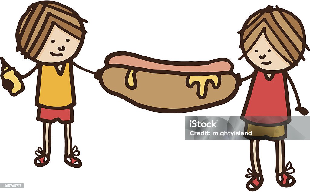 Due ragazzini con un grande hot dog - arte vettoriale royalty-free di Disegno di bambino