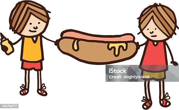 Due Ragazzini Con Un Grande Hot Dog - Immagini vettoriali stock e altre immagini di Disegno di bambino - Disegno di bambino, Alimentazione non salutare, Bambini maschi