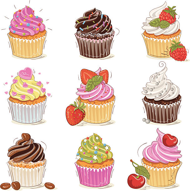 bildbanksillustrationer, clip art samt tecknat material och ikoner med cupcakes set - strawberry cake