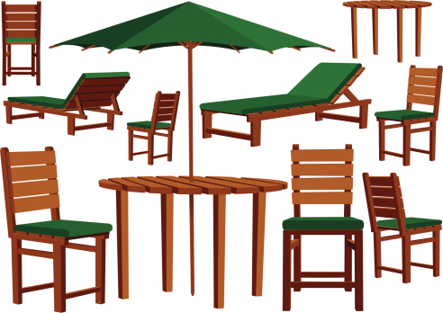 Isolated individual illustrations of various matching wooden garden furniture. All chairs, tables and loungers are completely scalable and movable.