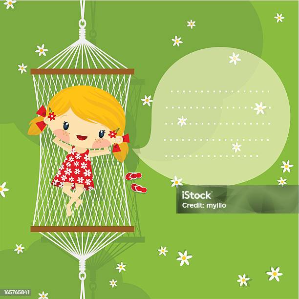 Happy Little Blonde Girl Playful On Hammock Summer Spring Minimil Stock Illustration - Download Image Now