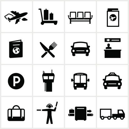 Common airport icons. All white strokes and shapes are cut form the icons and merged.